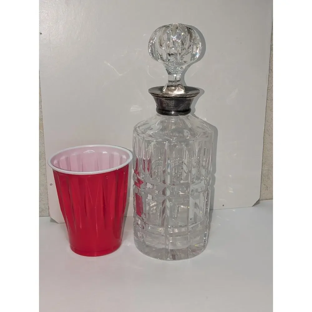 VTG 60s Roberts & Dore 925 Sterling Silver Rim Cut Crystal Decanter